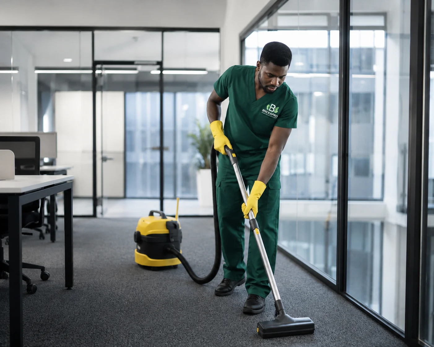 Professional cleaner working in a modern office environment